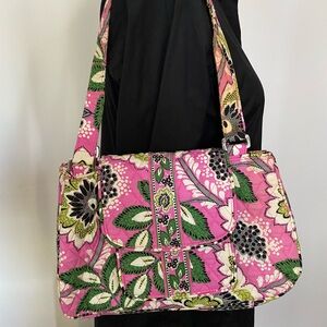 Vera Bradley Pink & Green Floral Shoulder Purse Note discoloration on 1 strap